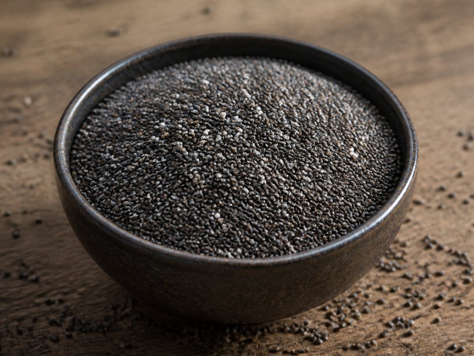 Black chia seeds shown for bulk commercial supply