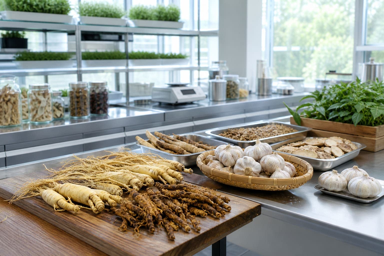 Clean commercial agricultural workspace with herbal produce